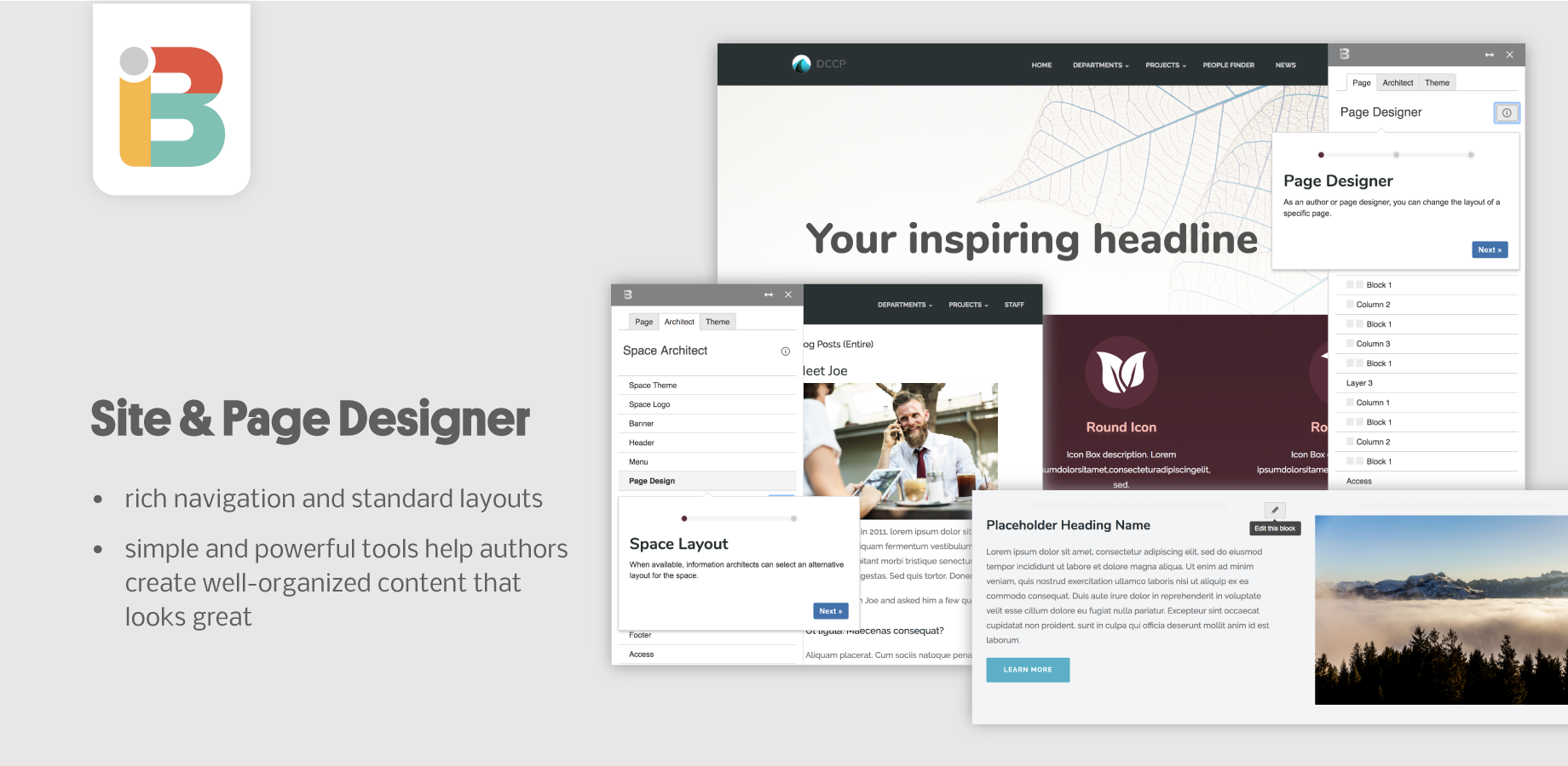 Build dynamic, interactive sites that showcase messaging and encourage browsing. Connect users to the right people, information, and processes with easy-to-use navigation and authoring tools.​