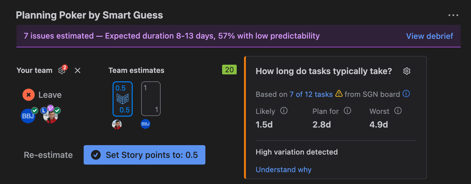 Historical data flags unreliable estimates during Planning Poker. These 2-point stories vary wildly (1d–10.5d). Click 'Understand why' to see patterns—then AI suggests how to improve. From insight to action, guided.