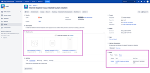 Viewing issue details in Jira with related mabl information and test artifact attachments - screenshot, DOM snapshot, and network activity.