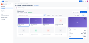 Grid view of Jira issue attachments with thumbnails, type badges and sizes. Click any file for a side preview showing type, size, upload date, uploader and virus-scan status.