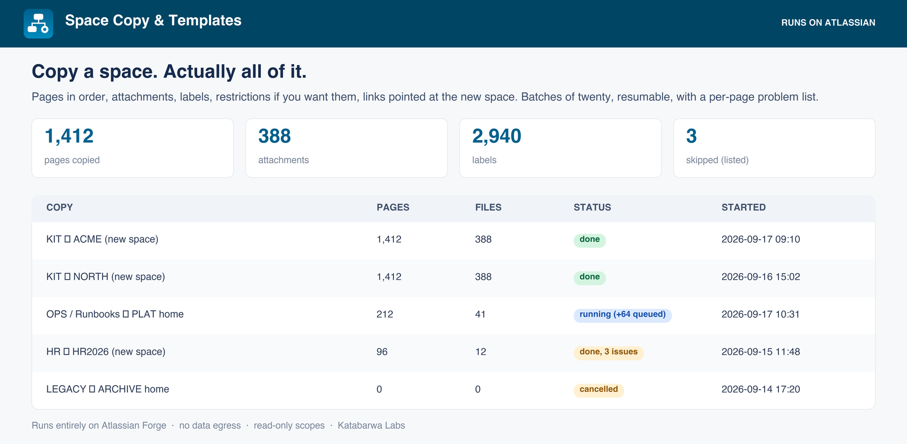 A copy job in progress with its options and per-page results.