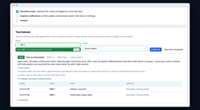 A listener tested on CRD-1 in simulation mode: its AI gate found the story vague, and the two changes it would make, a comment and a label, are listed as simulated, with nothing written.
