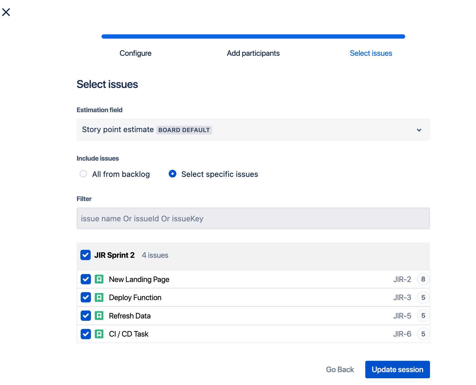 This view highlights the task selection process for estimation sessions, showing a clear, organized list of tasks from the backlog ready for team assessment.