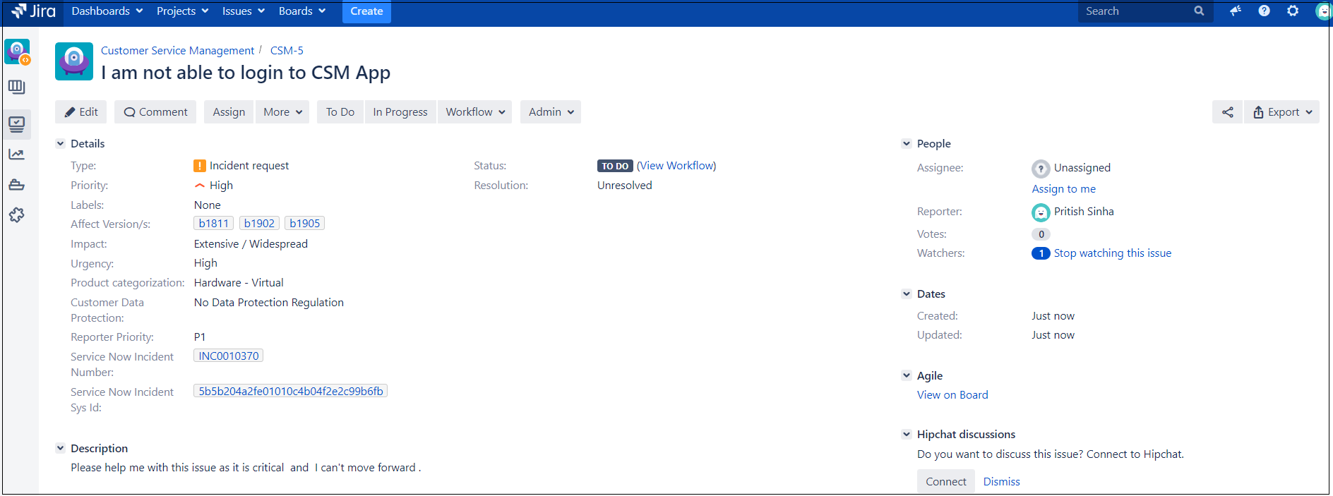 Jira issue to have ServiceNow Incident Number