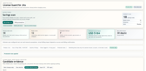 Savings Finder separates cleanup-ready, needs-review, and protected Jira users with estimated impact.