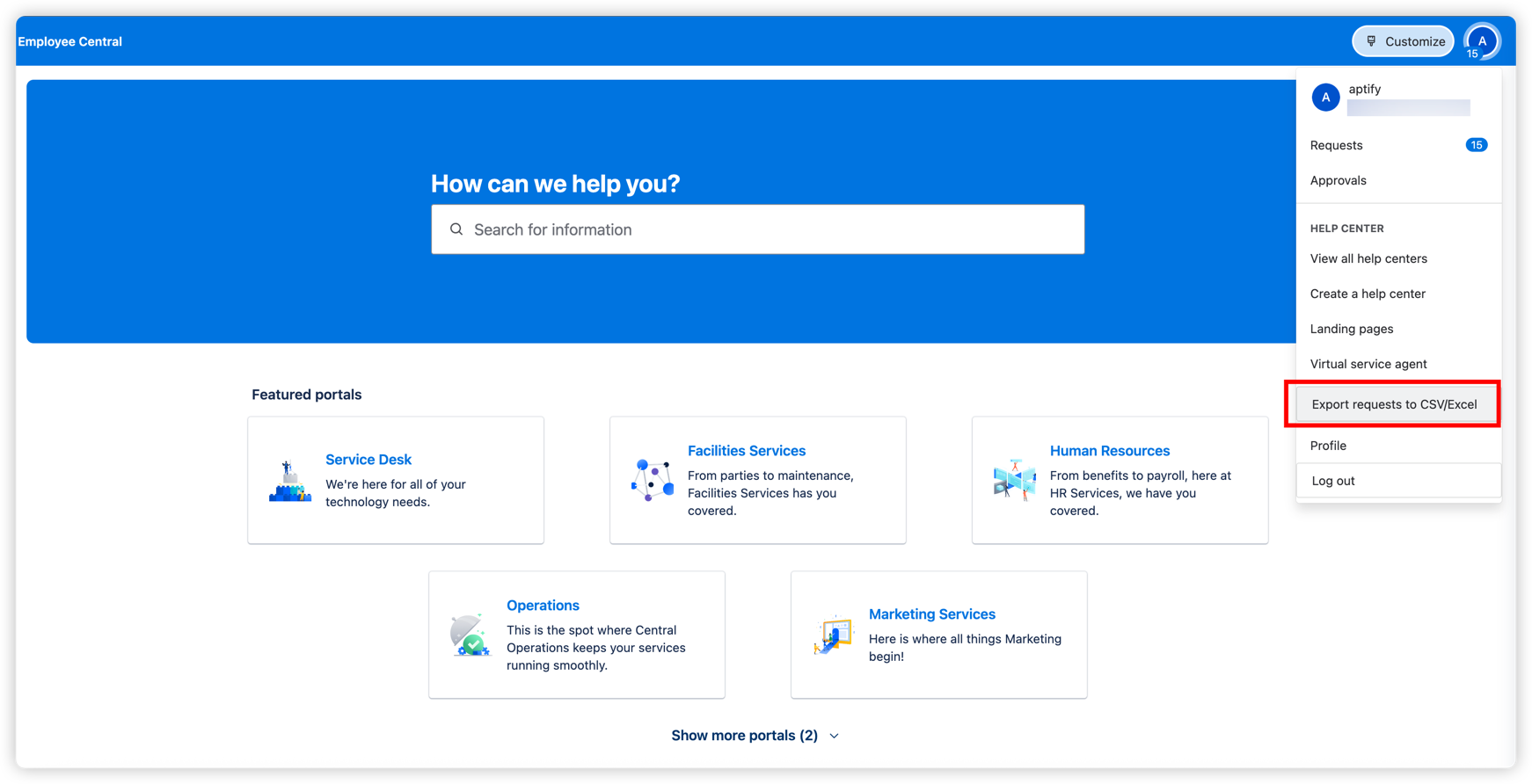 The "Export requests to CSV/Excel" option in the portal user menu. Customers can access the export feature with one click from any JSM portal page