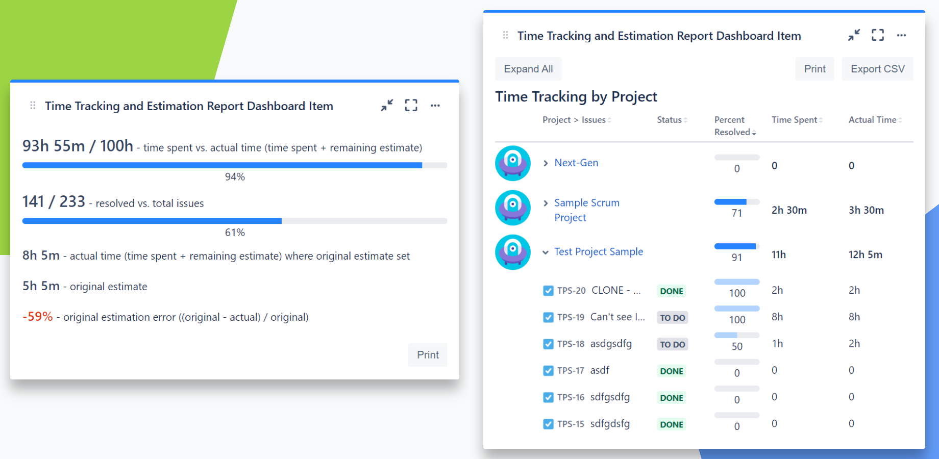Project, Epic, sprint or other work time tracking overview dashboard