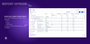 Export your custom created reports from the Timesheet and Detail View Editor to: CSV, Excel, PDF/Print or open in other tools like issue navigator.