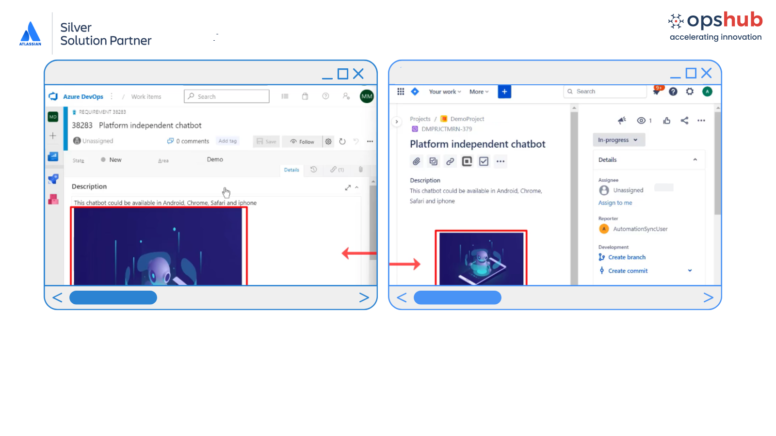 Sync comments, priorities, attachments, links, inline content, and entity mentions between ADO and Jira. Resolve format differences (Wiki vs. HTML) using OpsHub Integration Manager's data transformation capabilities.