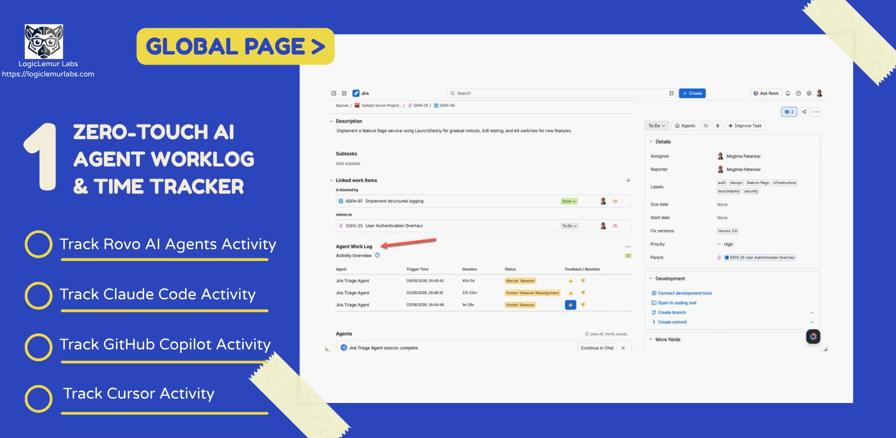 Jira Issue Glance displaying automated agent duration timer, human takeover notification, and instant quality feedback buttons.