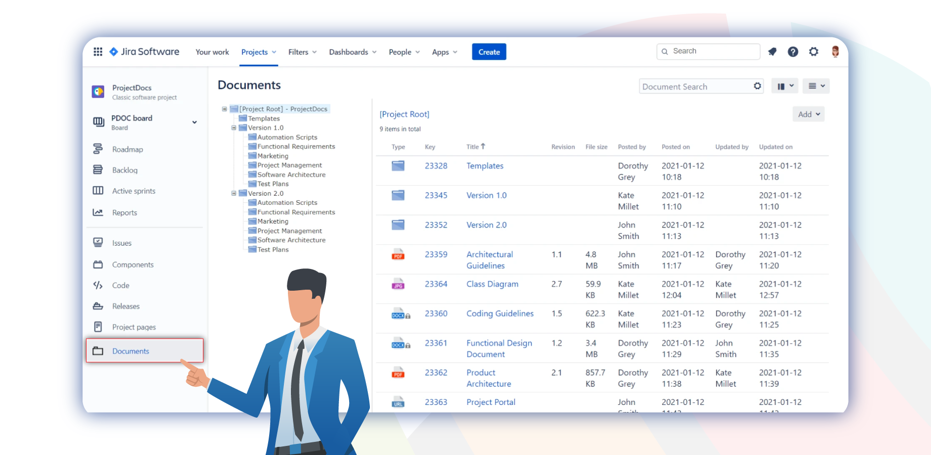 The "Documents" tab of a project displaying the folders and documents of that project. Tree Navigation Panel, List View and Details Panel showing the preview and metadata of a PDF document.