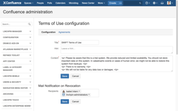 Format the terms as you wish with HTML and select individual users or Confluence groups to be notified whenever a user revokes their agreement.