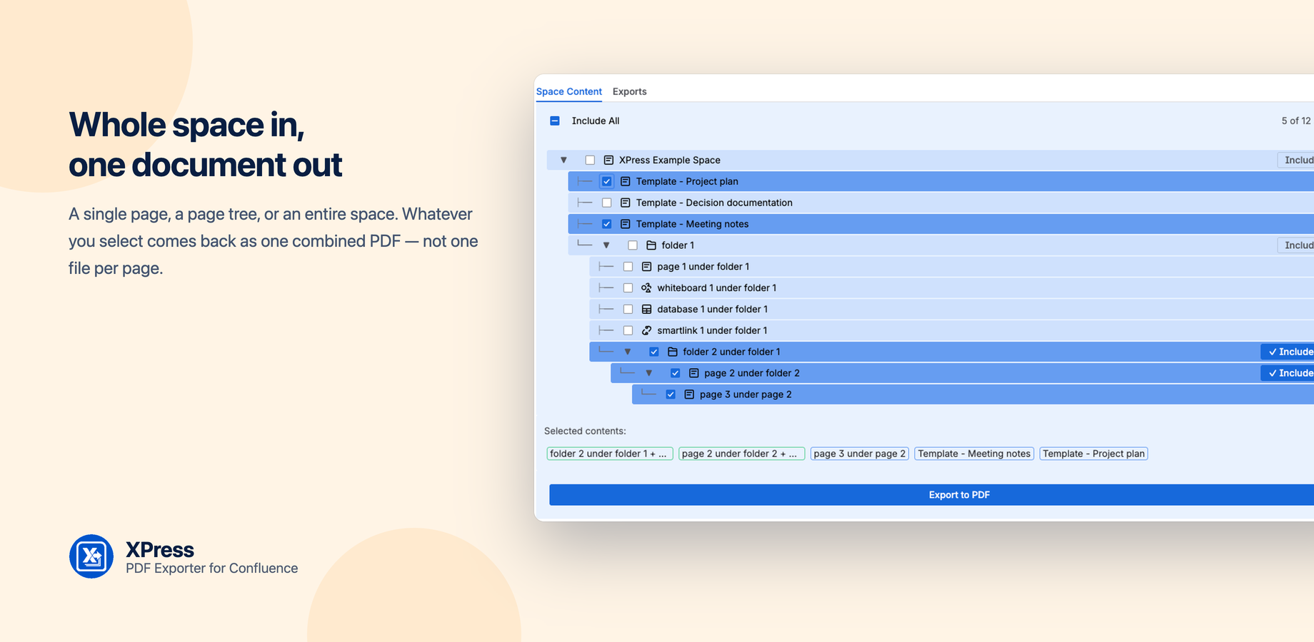 Include All takes a whole branch in one click and propagates down through folders and nested children. The counter shows exactly how much is going into the document.