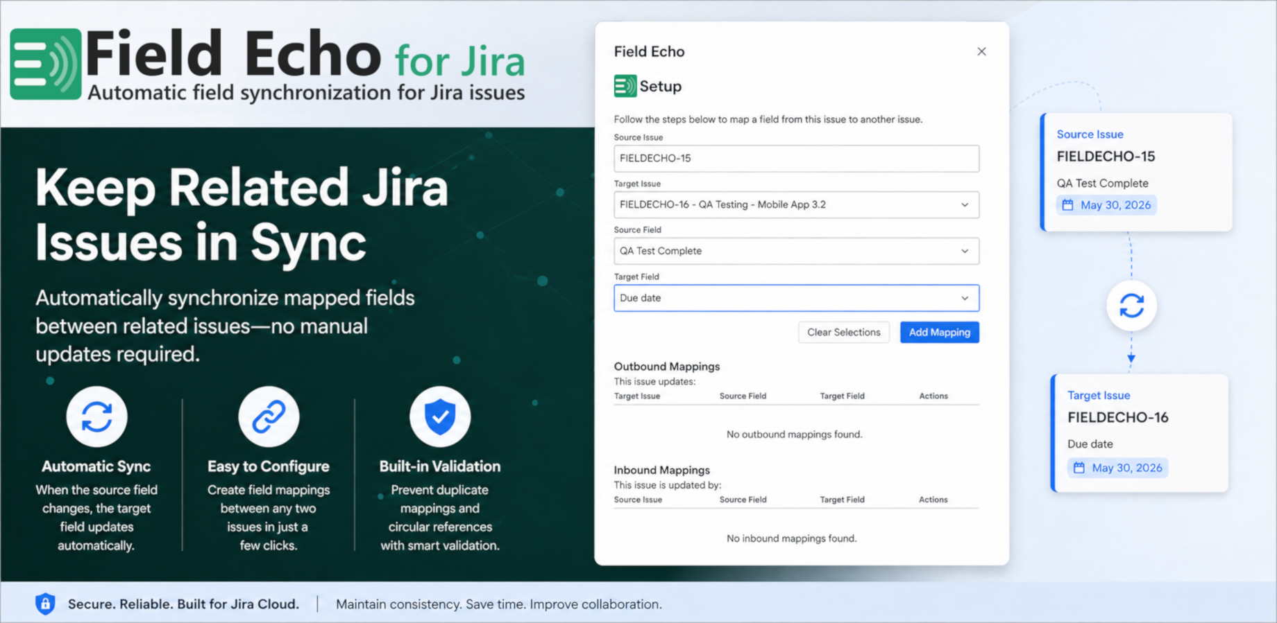 Configure field mappings between two Jira issues with an intuitive interface.