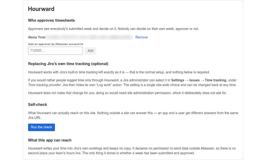 Settings: who may approve, and where Jira's own time tracking switch lives. Hourward describes it rather than touching it — that would need administration permission it does not ask for.