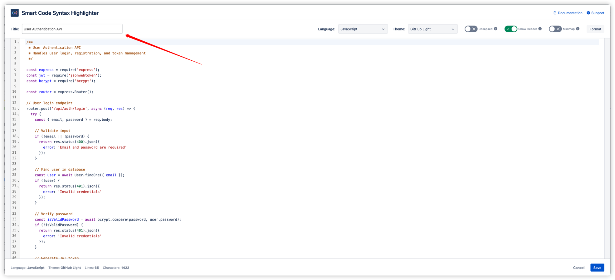 Full configuration view with "User Authentication API" as the code title. The header bar provides language selector, theme picker, and toggle switches for Collapsed, Show Header, and Minimap options with a Format button.