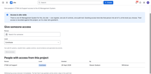 Jira administrators administer the AI management system. A project administrator grants everyone else access, site-wide, as Read only or Contribute, and every grant and revocation lands in the audit trail.