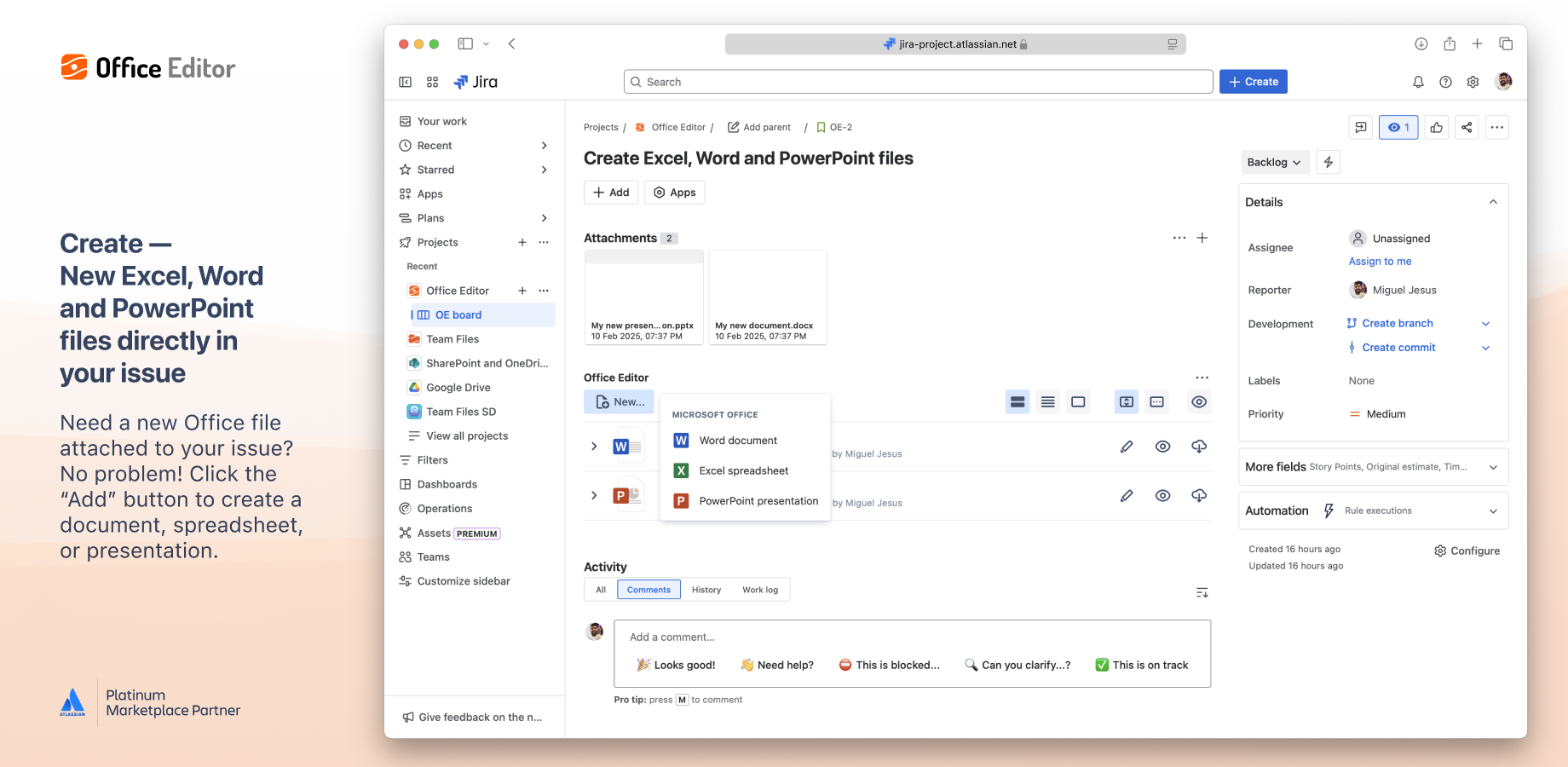 Create —  New Excel, Word & PowerPoint files