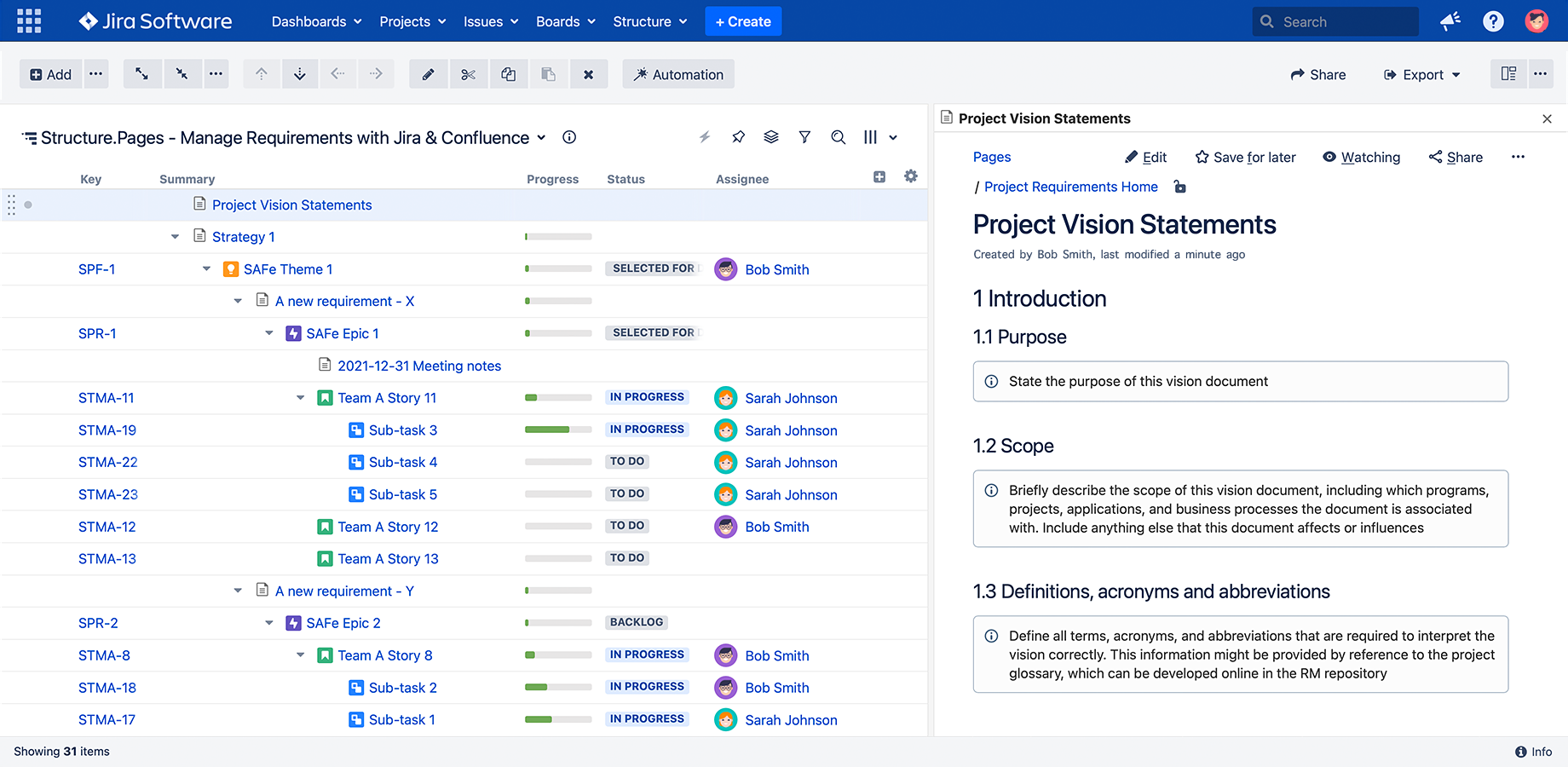 Connect your requirements, tasks, tests, documentation — any information your teams have in Confluence — with their related Jira issues.