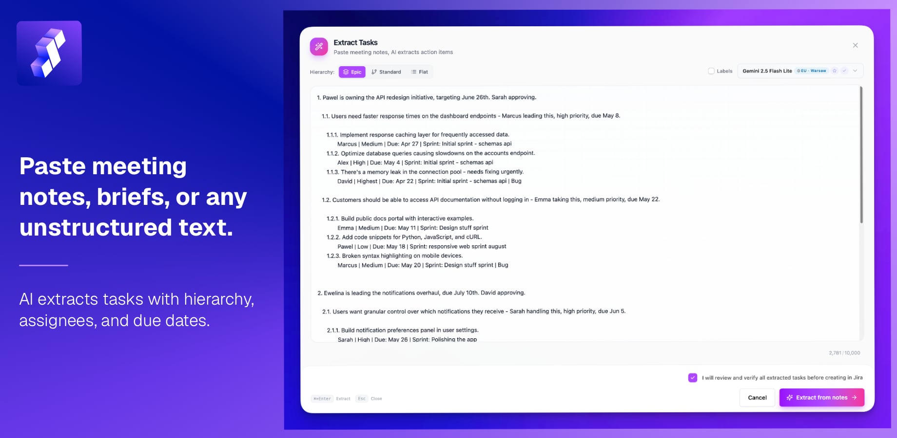 AI parses unstructured text into structured Jira issues with full field mapping