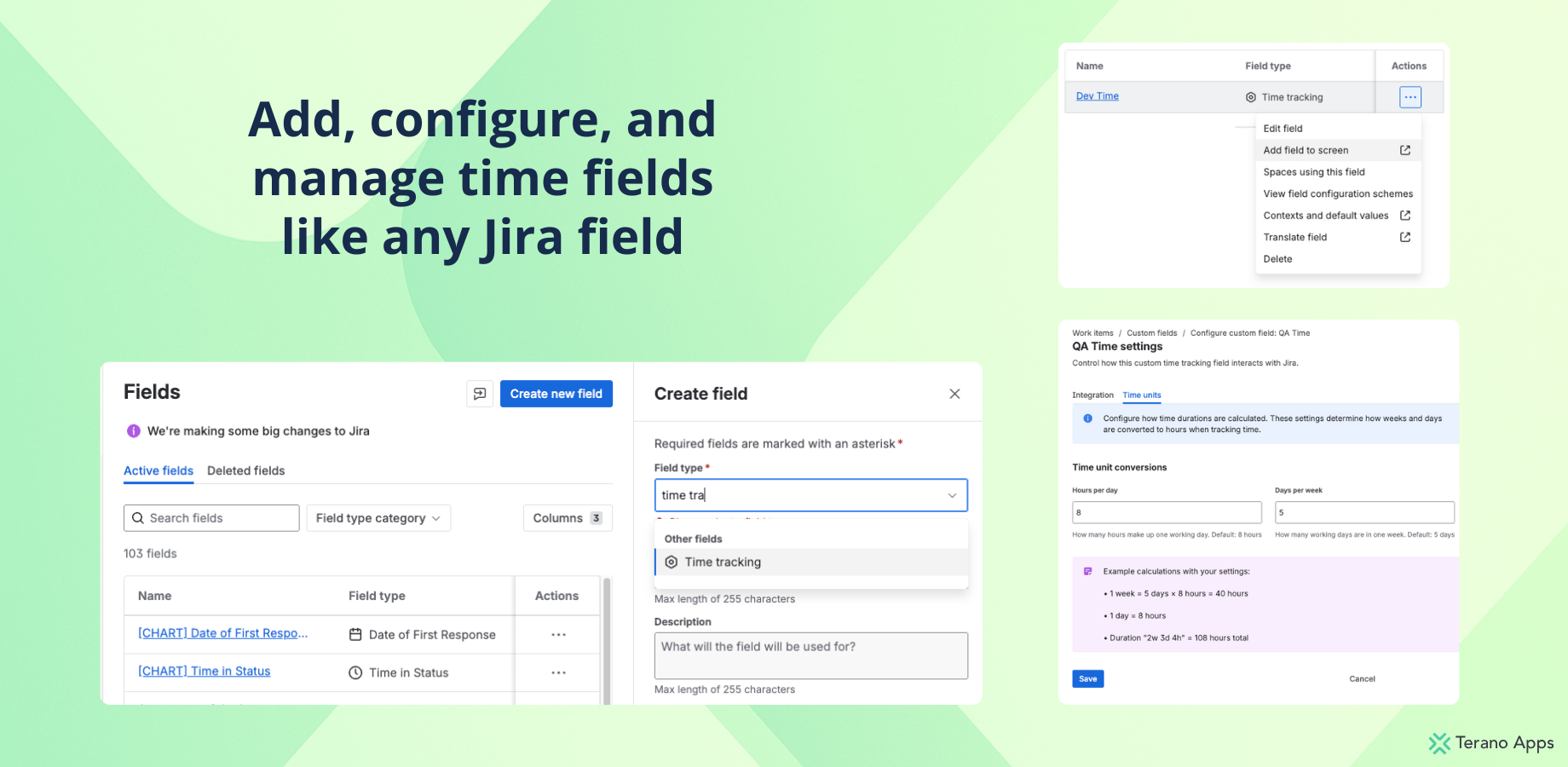 Jira admin screens showing the custom fields list, the create-field dialog with the Time tracking type selected, and the QA Time settings view where hours per day and days per week are configured