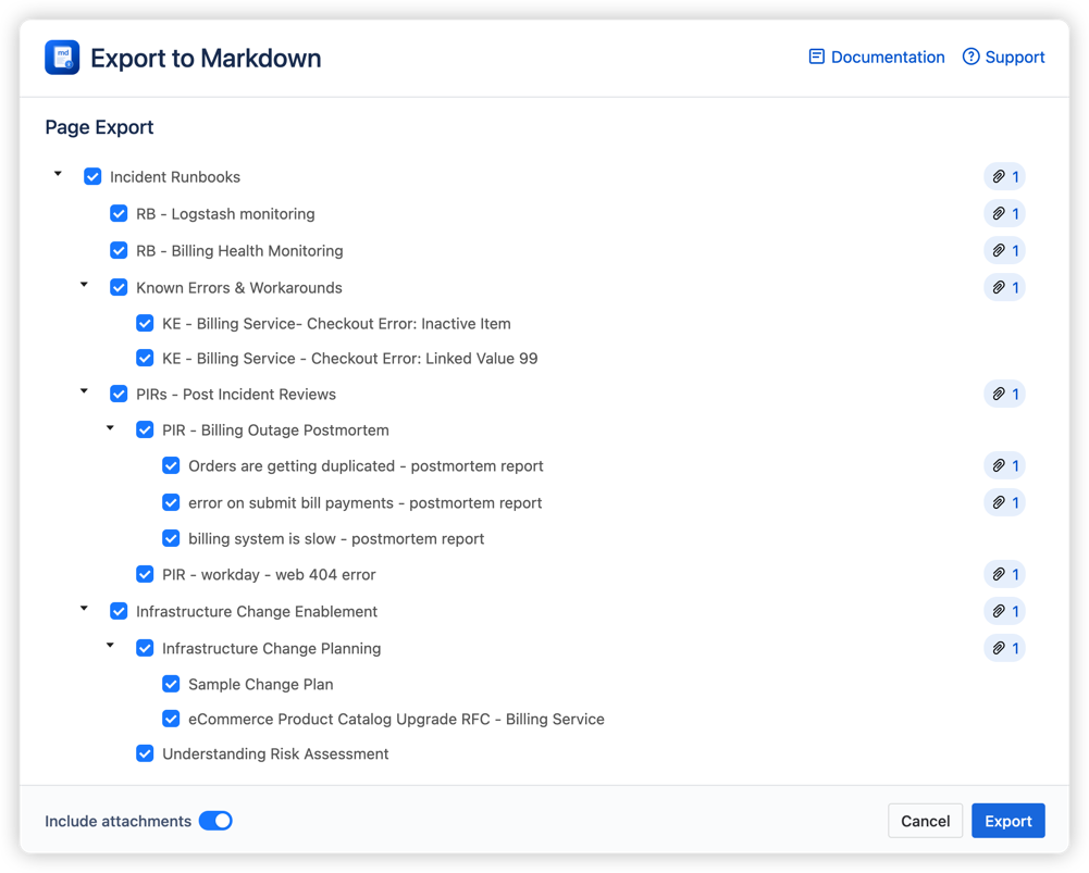 The bulk export tree displays your full page hierarchy with checkboxes for selective export. The attachment badge on each row shows how many files will be included alongside the Markdown output