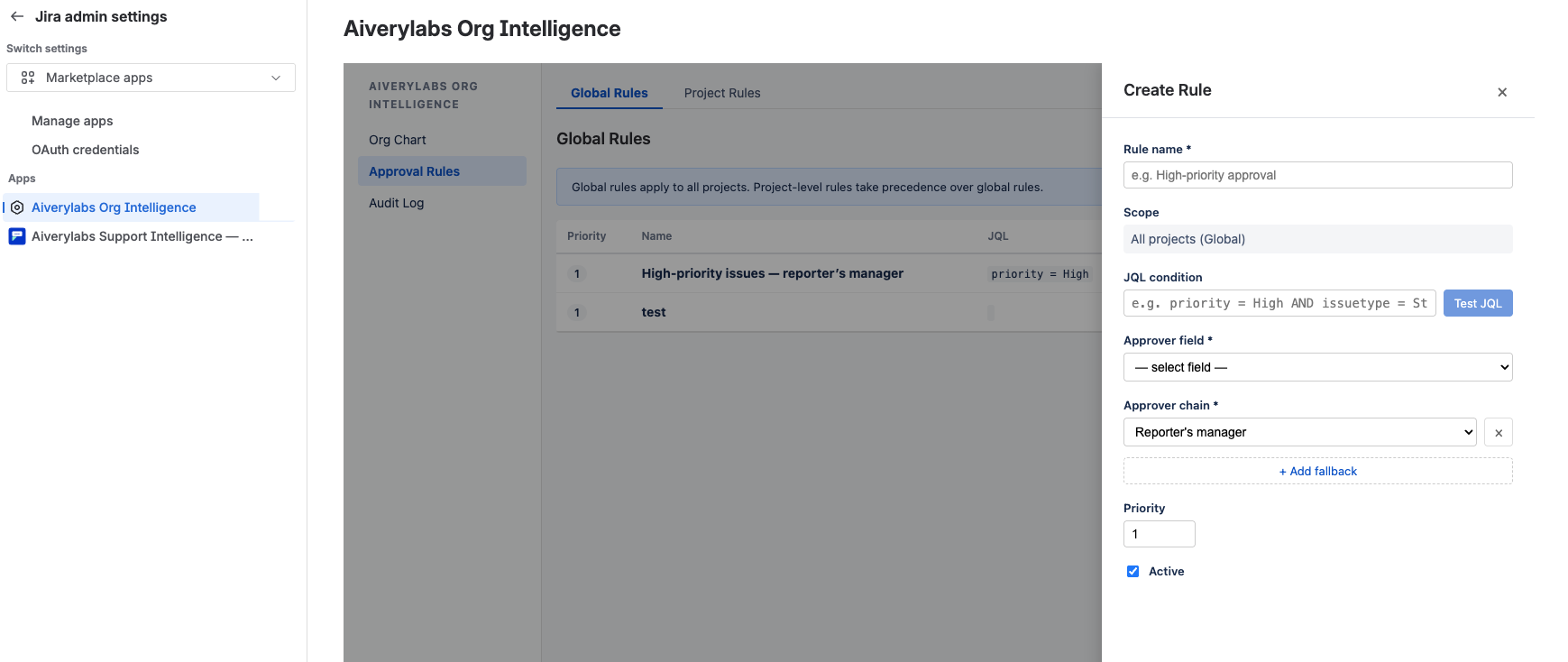 Define approval routing logic using simple conditions and manager hierarchy chains across global or project scoped rules