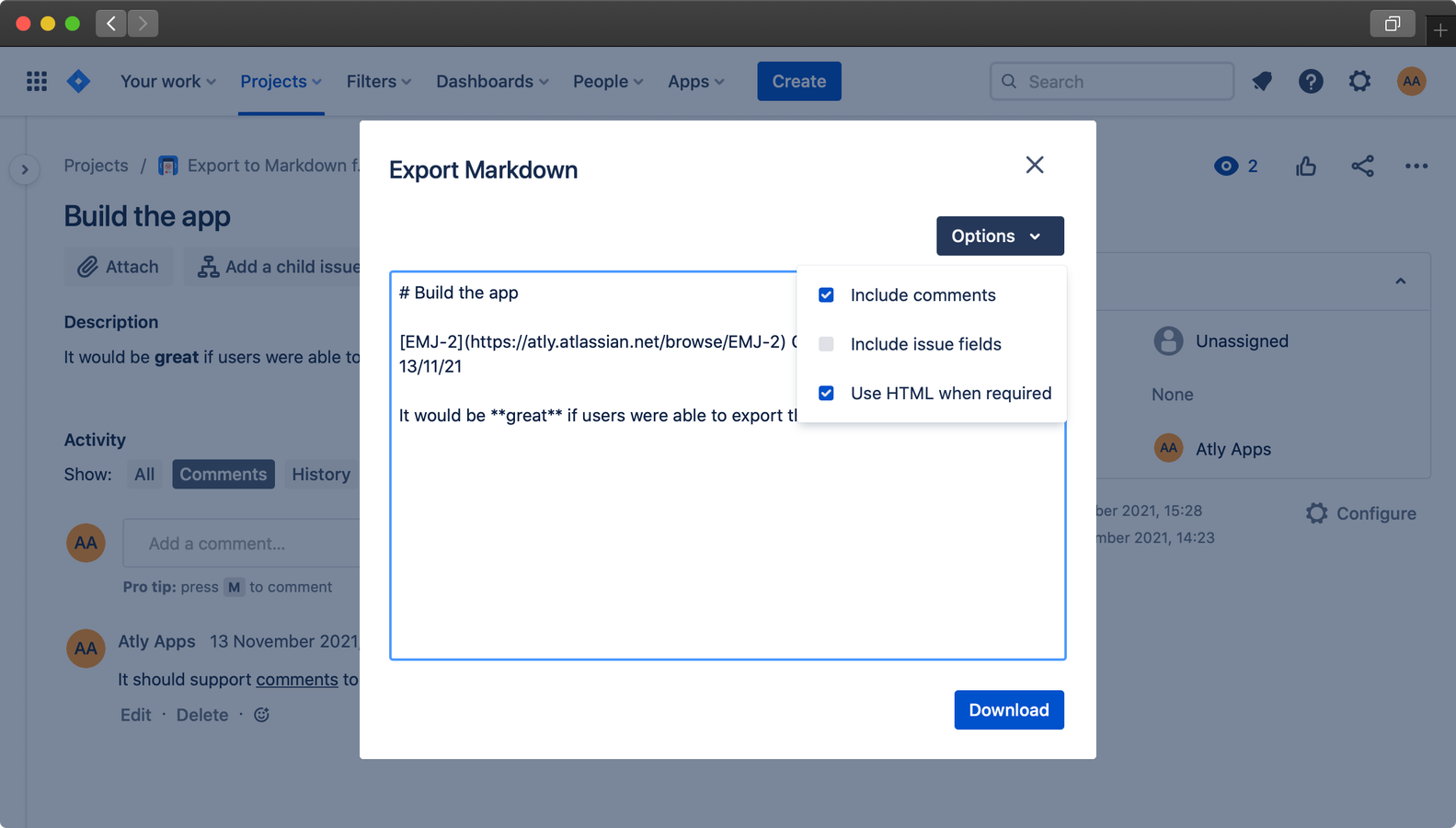 Opened "Options" menu with "Include comments" checked, "Include issue fields" unchecked and "Use HTML when required" checked