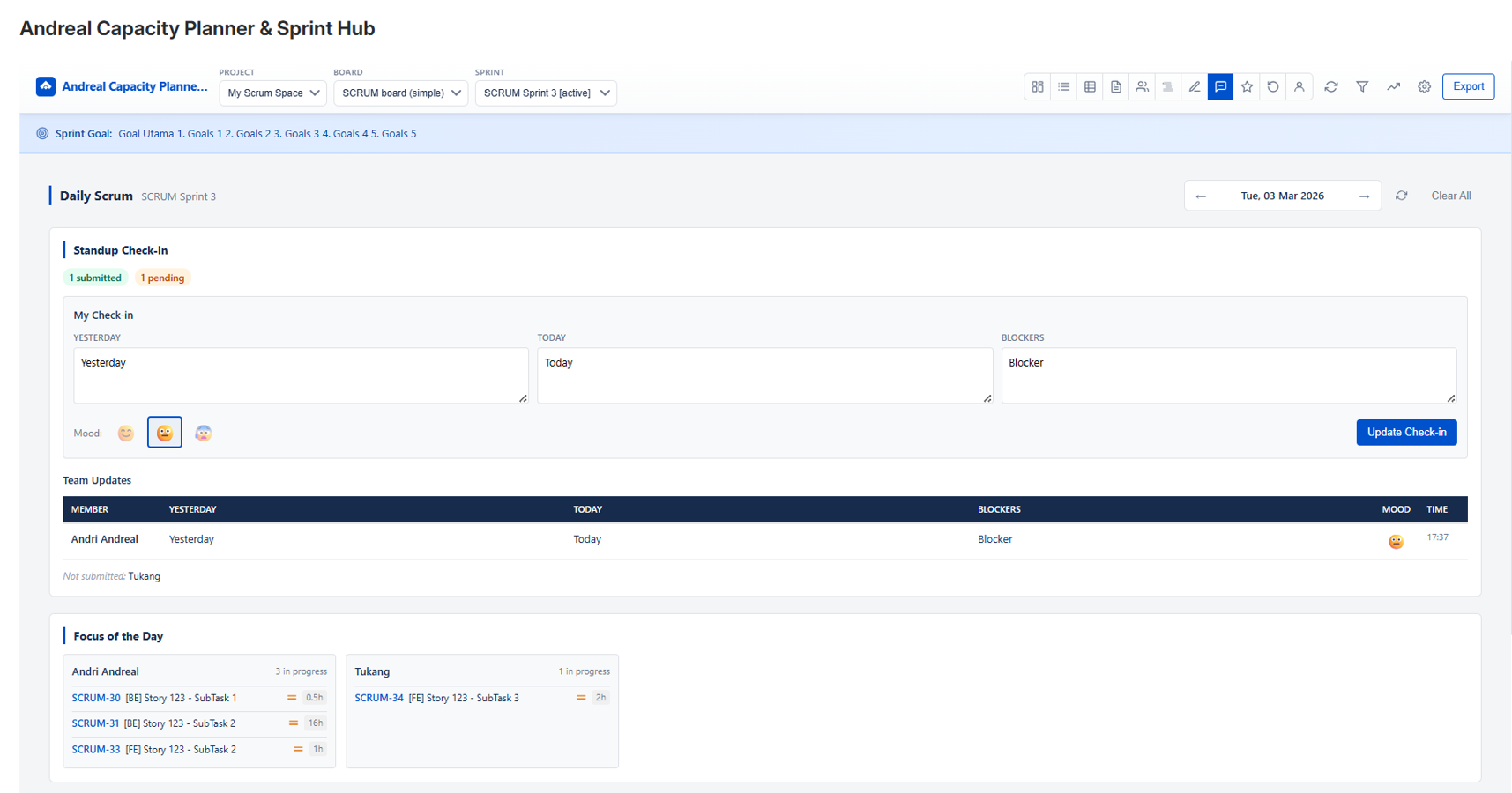Daily Scrum view with standup check-in form, mood tracking, team updates, and focus-of-the-day per member