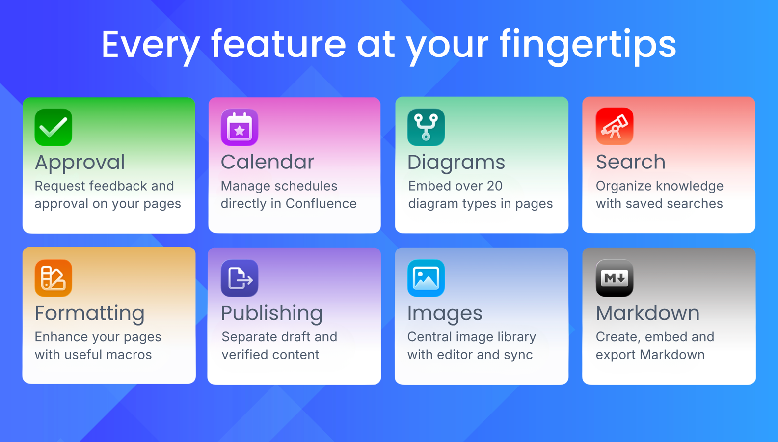 Elevate page functionality with over 20 formatting macros. From interactive buttons to RSS feeds, customize content to your needs - make your Confluence pages more engaging. Search for pages and manage content with ease.