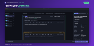 The same Comment step in dark mode, including the list on the left that jumps between all five requests. Bulk Comments reads the colour mode from Jira and has no theme setting of its own.