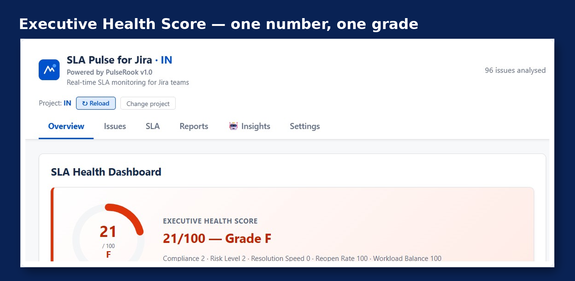 The Overview tab showing the Executive Health Score, compliance metrics, and risk breakdown for a live Jira project.