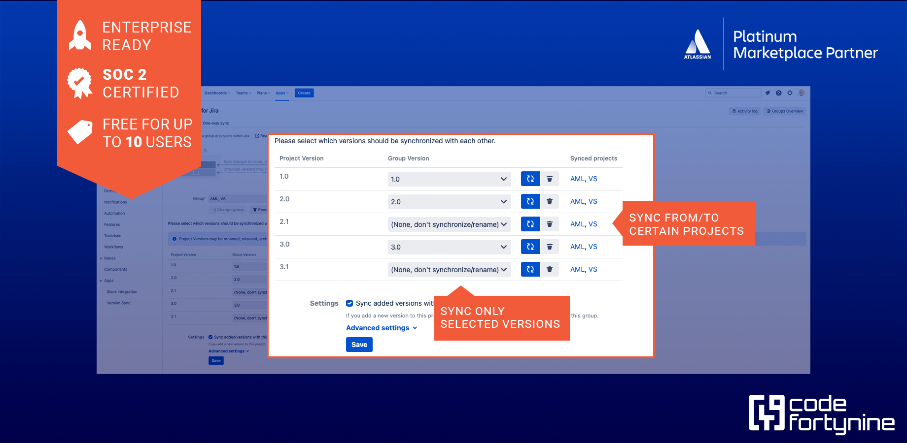Sync ​versions within a group of Jira projects, or sync from ​a master project to one or more targets. Customize the selection of versions for synchronization and establish automatic syncing for newly added versions.