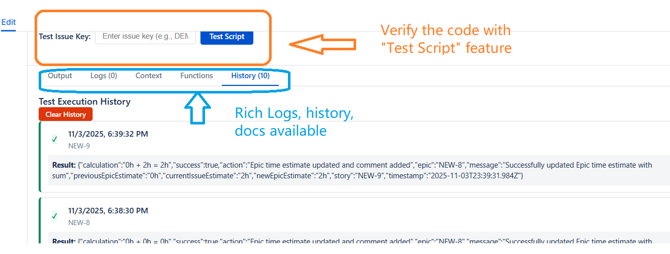 Rich logs, history and docs available