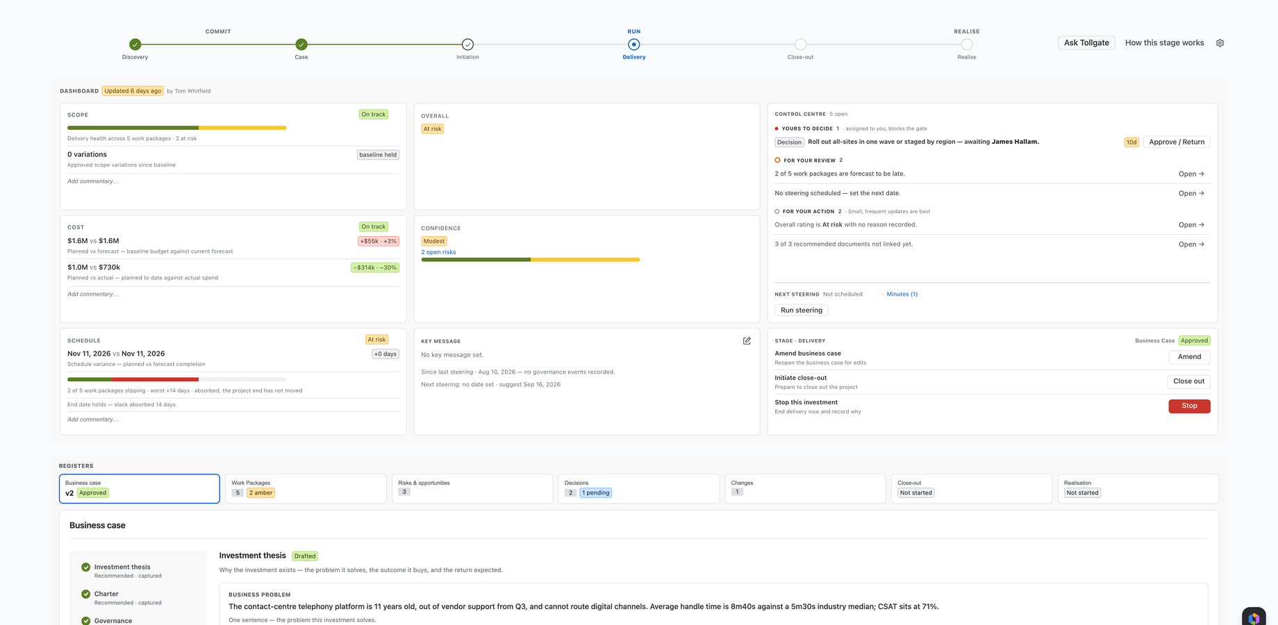 The project workspace: cost, schedule, scope and risk RAG derived from your registers, the stage rail, and every record one click away.