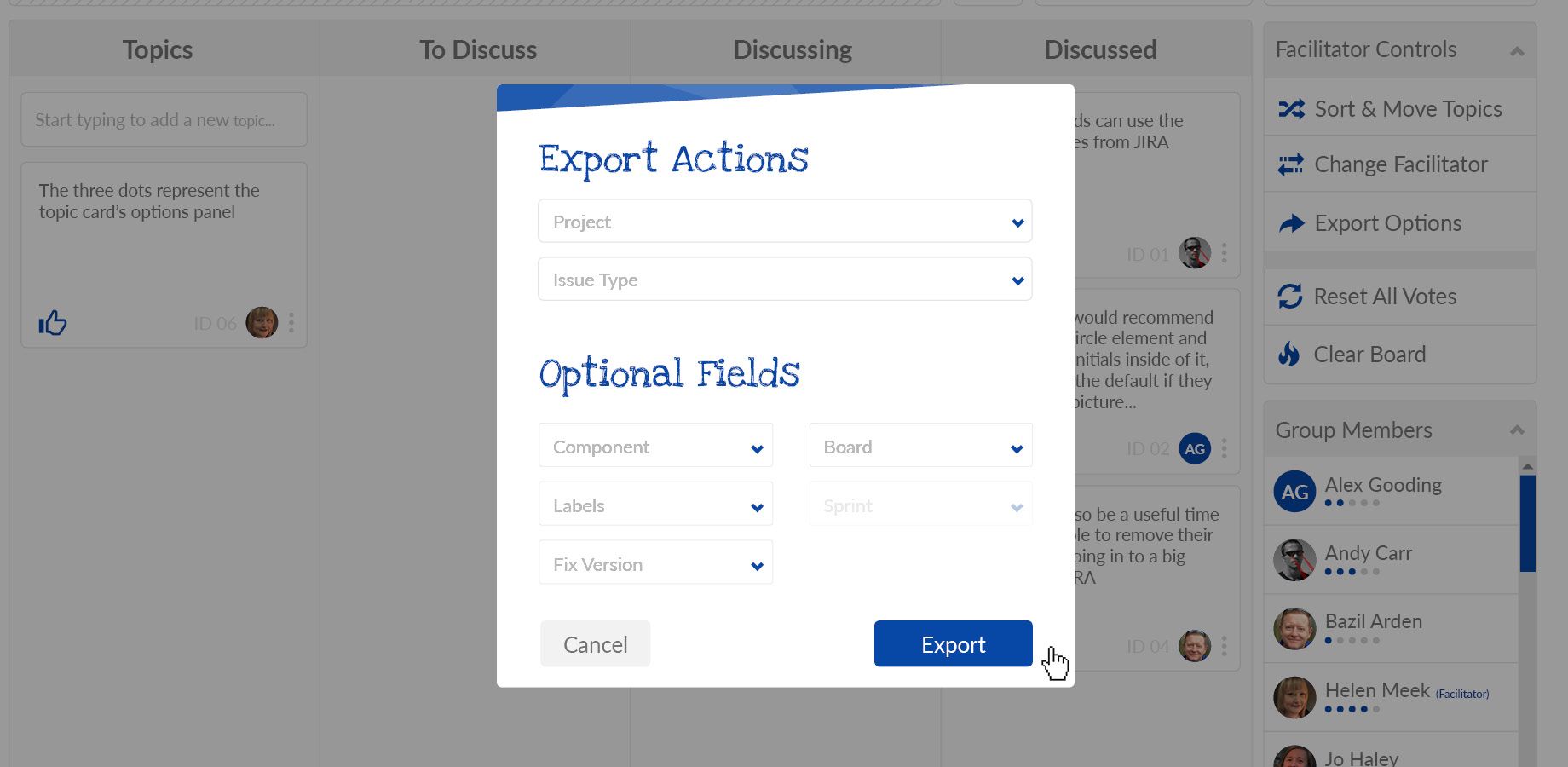 Screenshot of the export to JIRA pop up with boards..