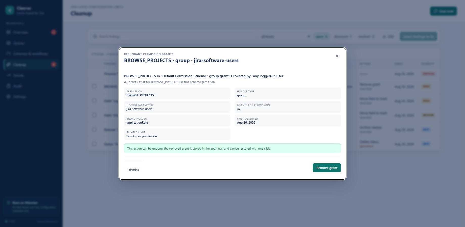 Cleanup: finding detail with the evidence Jira provides and a reversible action, confirmed before it runs.