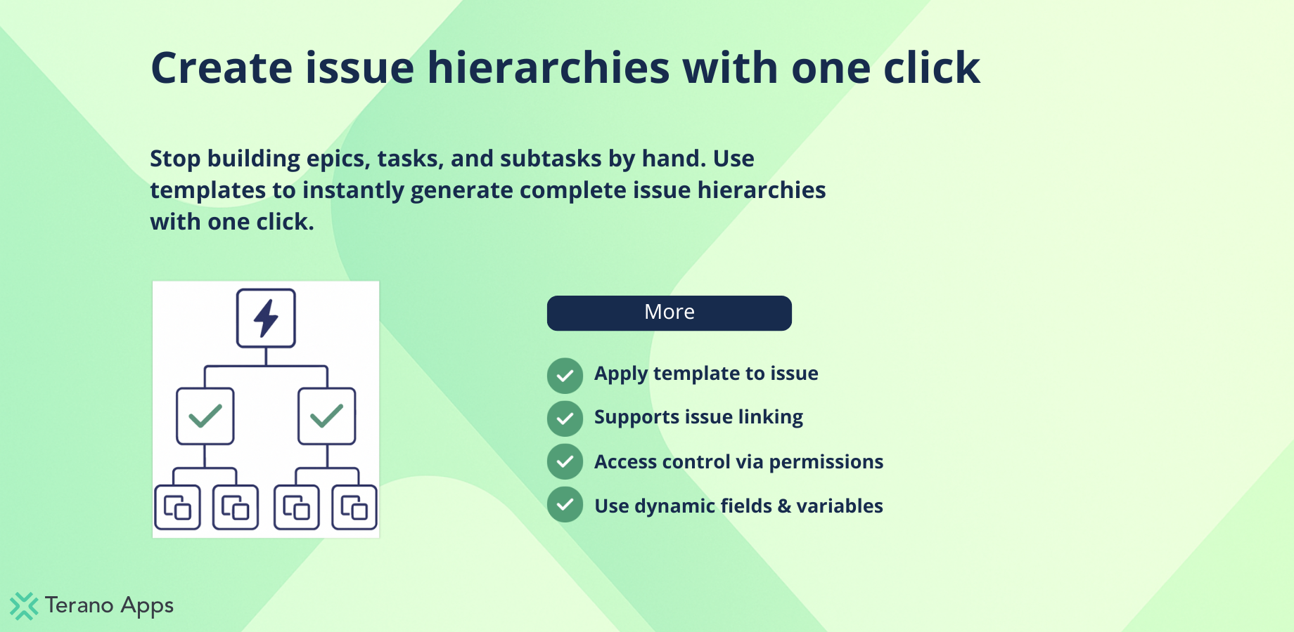Use templates to create complete issue hierarchies in one click. Apply templates to existing issues and unlock advanced features like dynamic fields, linking, and access control.