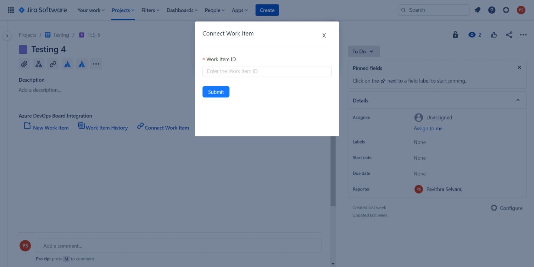 Enter the existing Azure DevOps Work Item ID and click Submit.