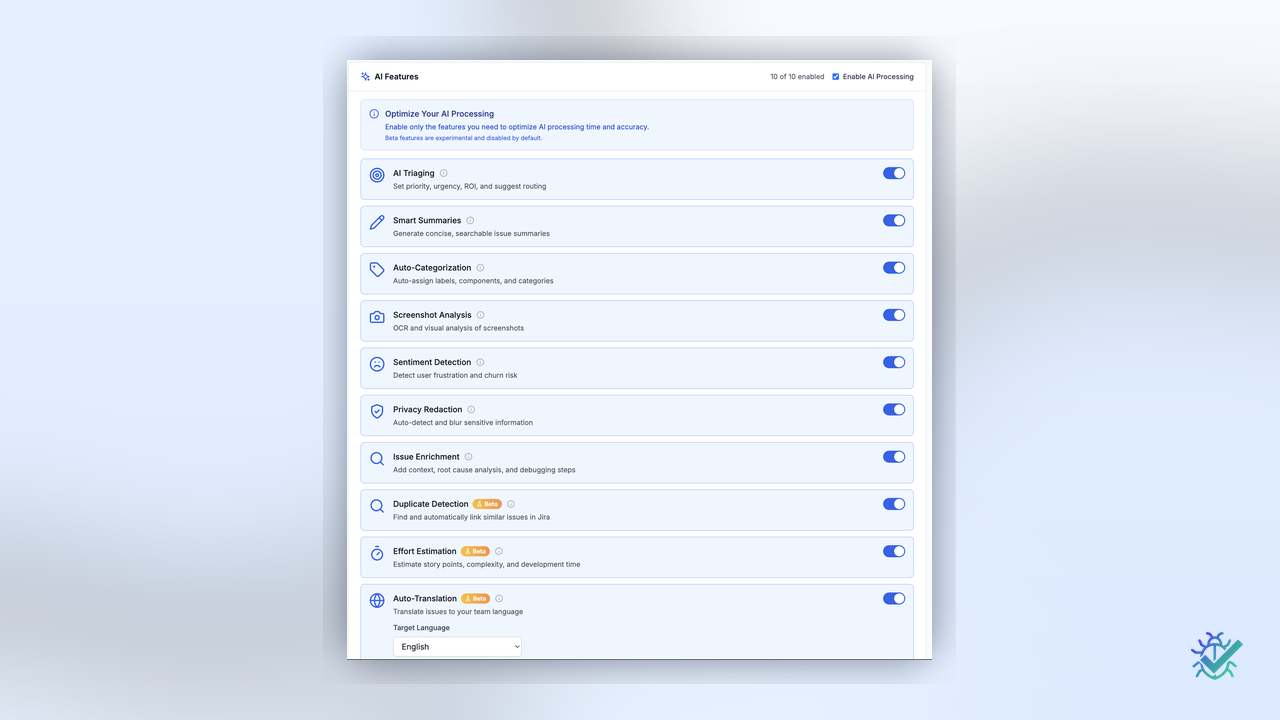 AI features panel with triage, summaries, OCR, and privacy redaction