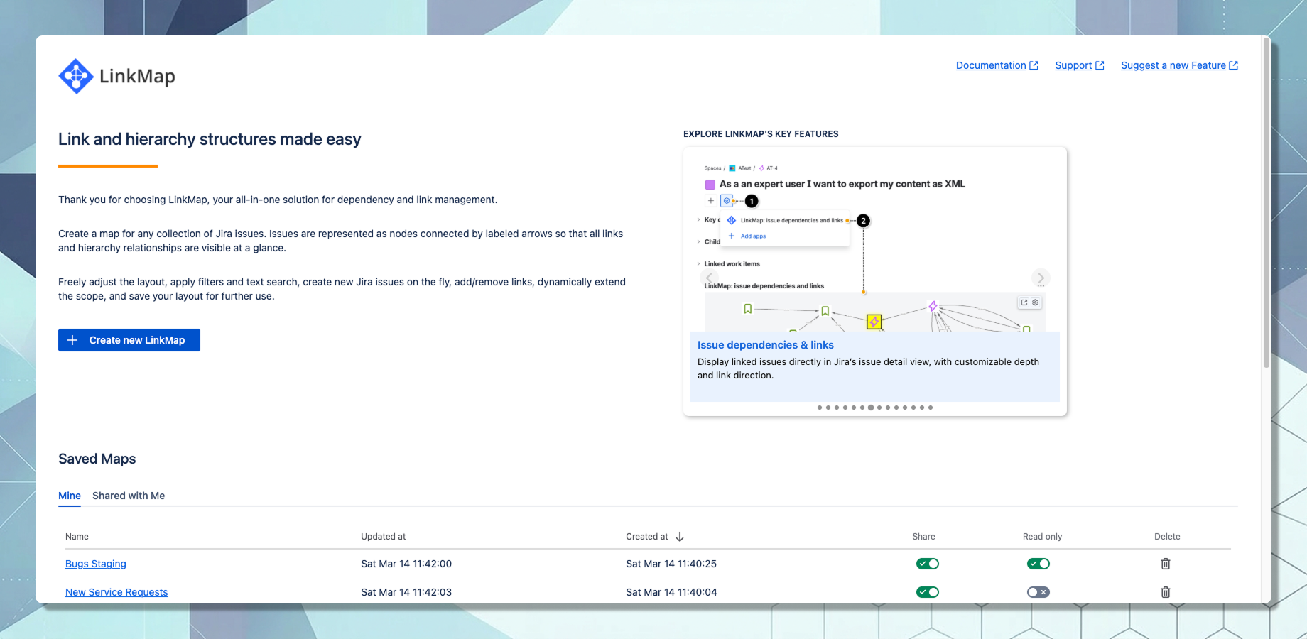Trigger LinkMap from projects, filters, search results etc. to instantly visualize the full scope. Refine the layout, save maps for reuse, and collaborate effortlessly.