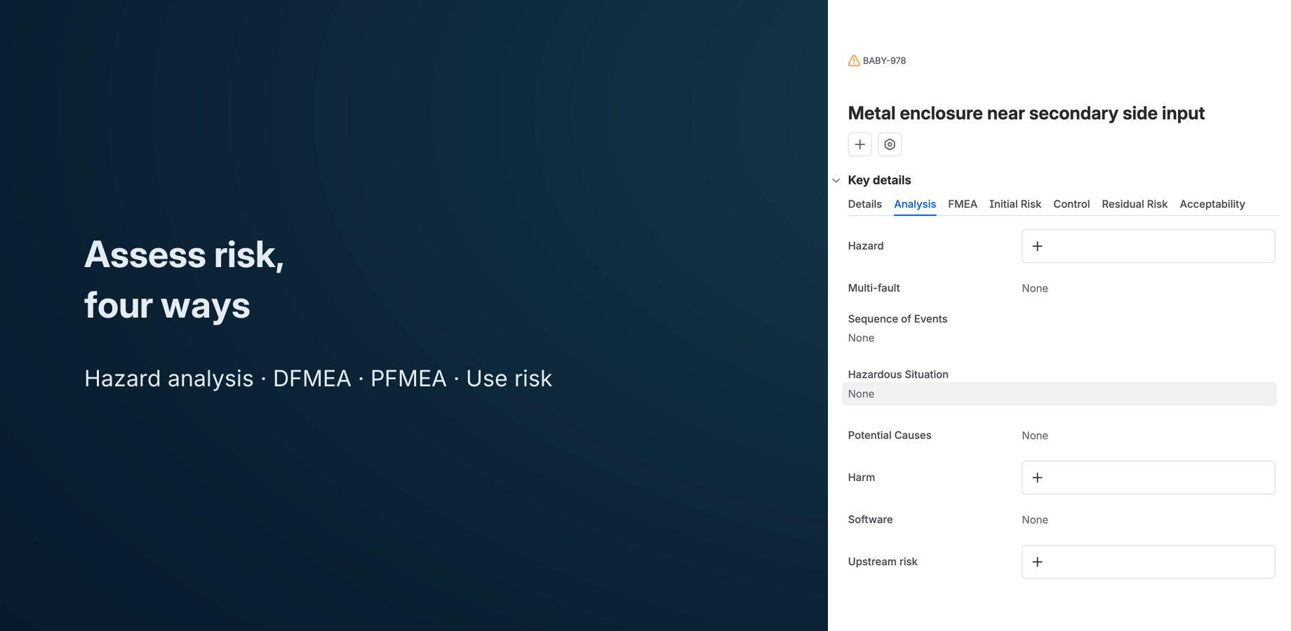 A safety risk open on the Analysis tab, with fields for hazards, the sequence of events, hazardous situations, potential causes and harm.