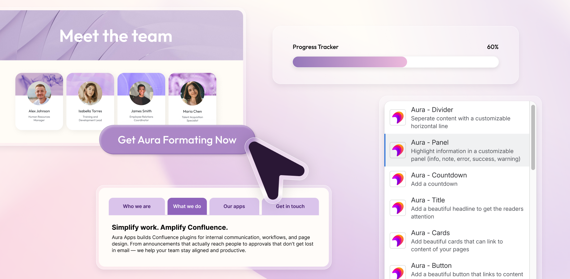 Aura Embed and Dynamic Content macros: Integrate Google Sheets, Excel, Figma, and Miro directly into Confluence. Auto-update news feeds, blog posts, and child pages. Keep your documentation always in sync.