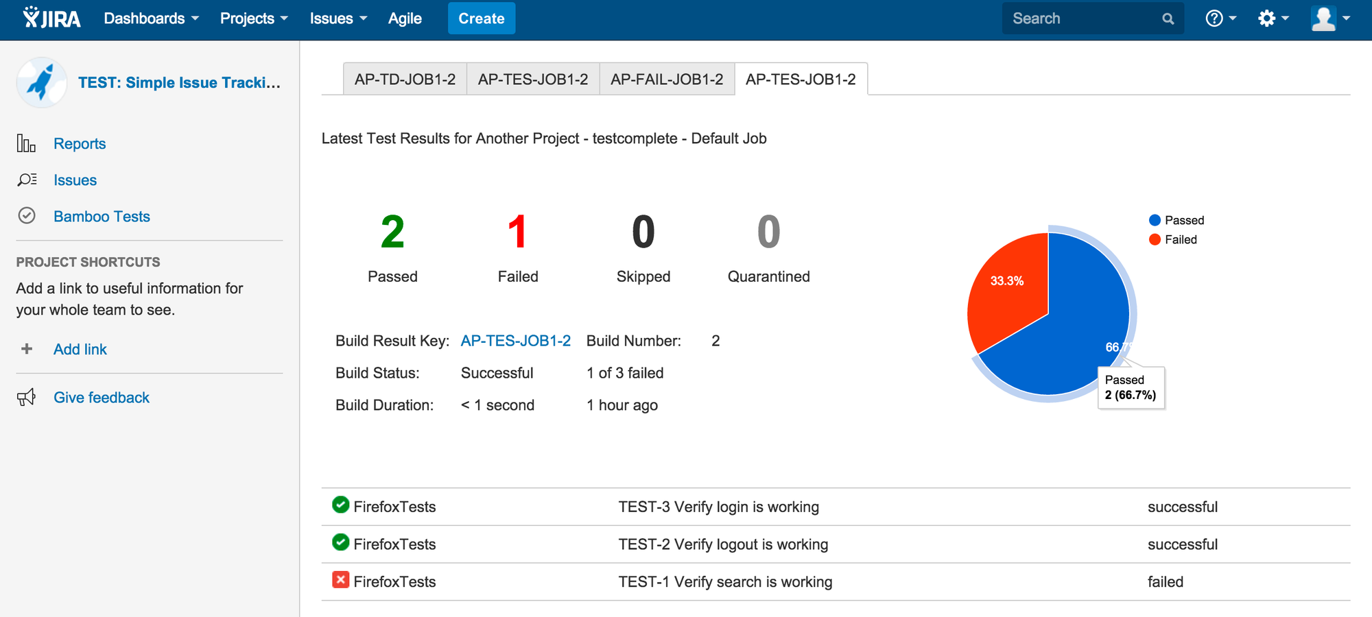 Displays Bamboo tests in Jira project centric view