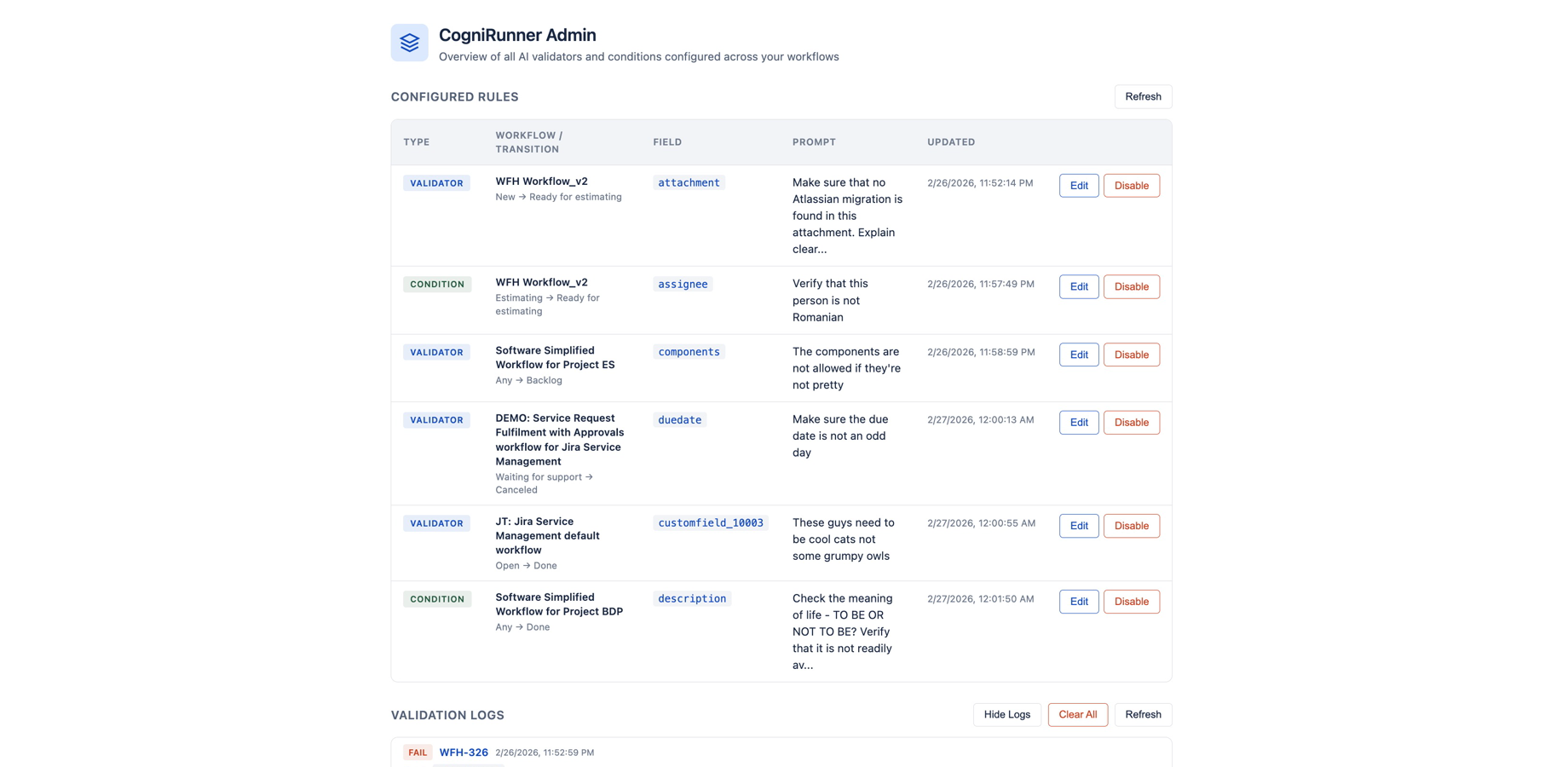 The CogniRunner Admin panel listing all configured validators and conditions across multiple Jira workflows and projects, with validation logs showing AI reasoning for each decision.