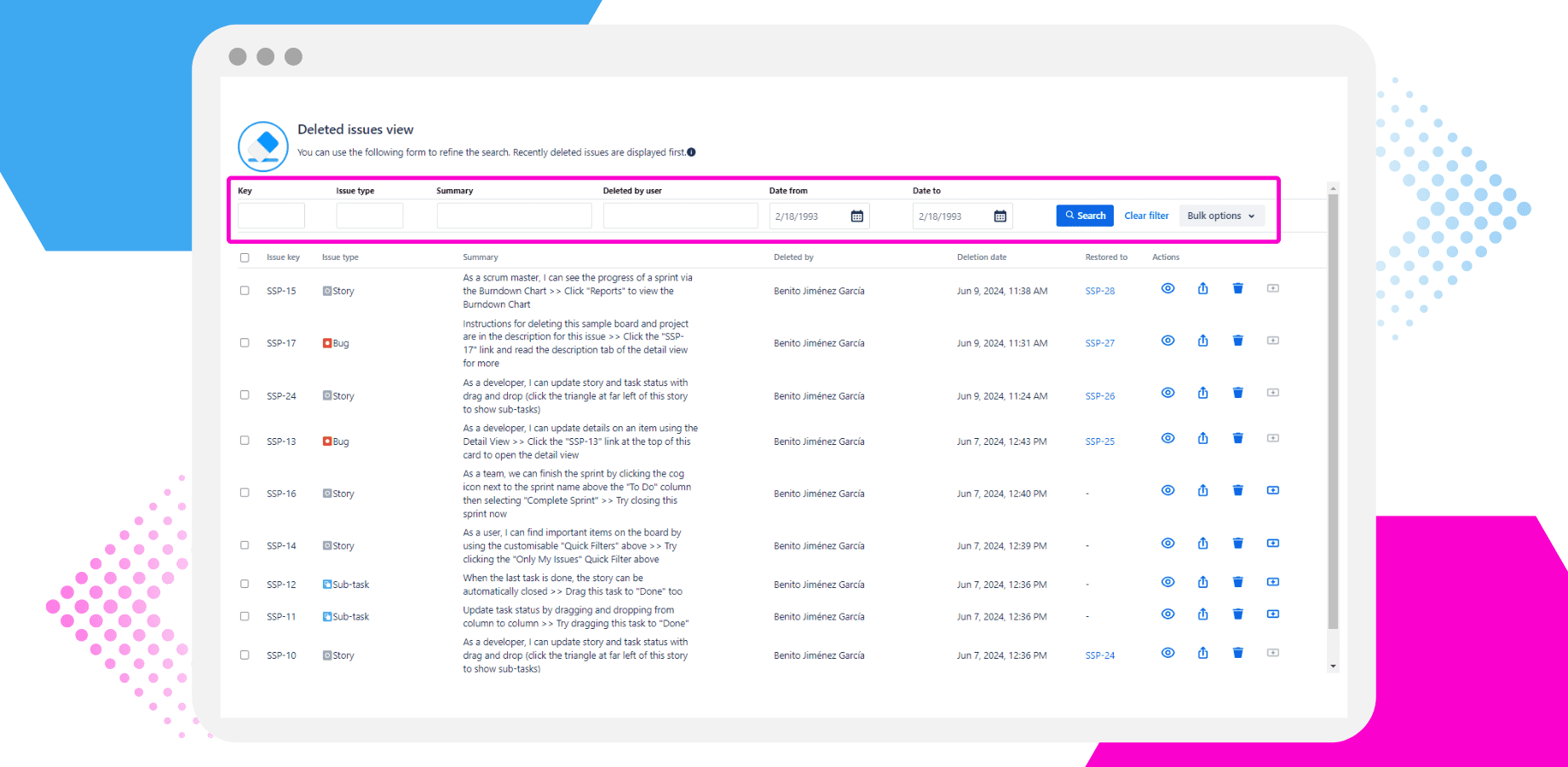 Audit deleted Jira issues with user-level tracking and filters. View history by date, action, and project. Keep your issue log transparent and secure.