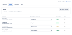 Jira users are matched to QuickBooks employees automatically by email. Anyone matched by name instead is flagged, and anyone who should never be pushed can be skipped.