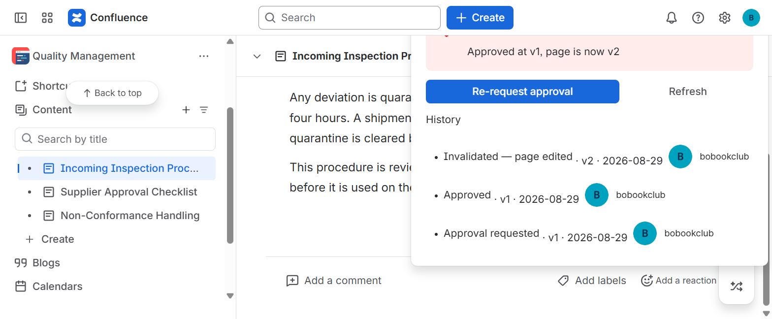 The approval history panel: each decision with the reviewer, the date, and the page version it applied to.