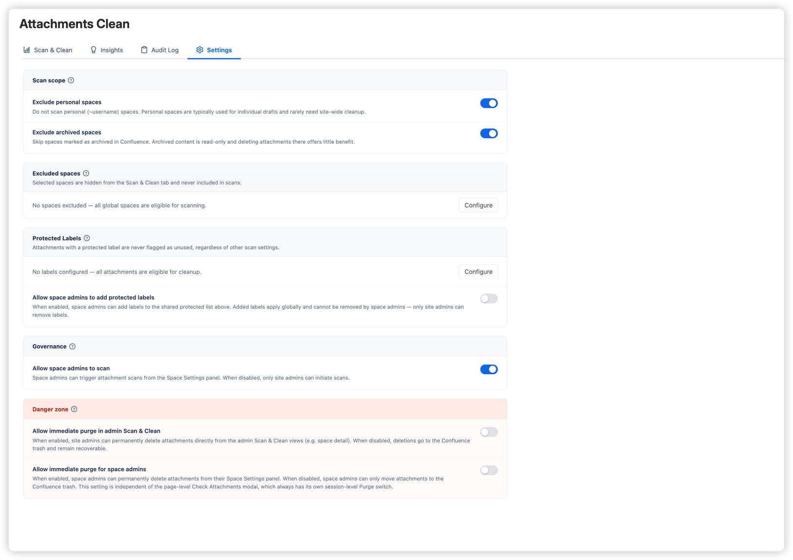 Admin settings for scan scope, protected labels, permissions, and purge controls.