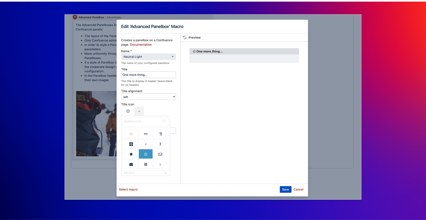 1) Users can choose one of the predefined Panelboxes. 2) Optionally, they can set a title and its alignment. 3) They can decorate the title header with a large selection of icons.